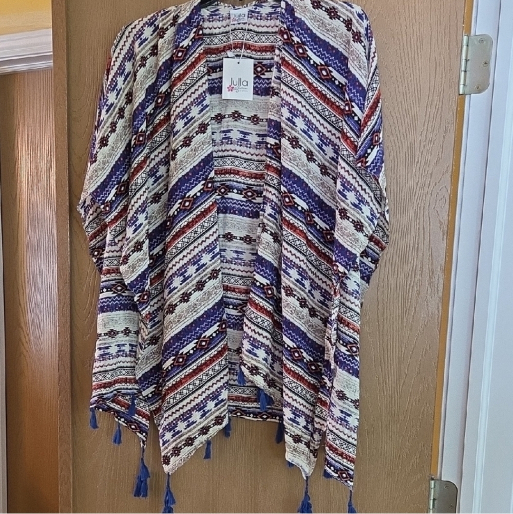 Lulla Colorful Patterned Kimono with Tassels NWT